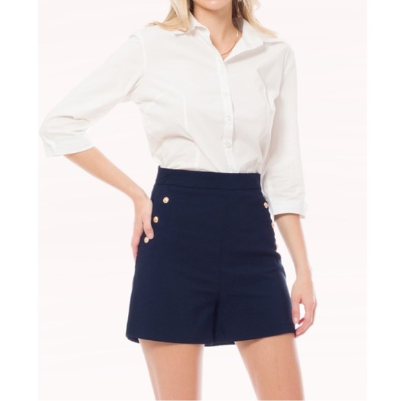 Design by Olivia Pants - High-Rise Navy Shorts with Gold Button Accents